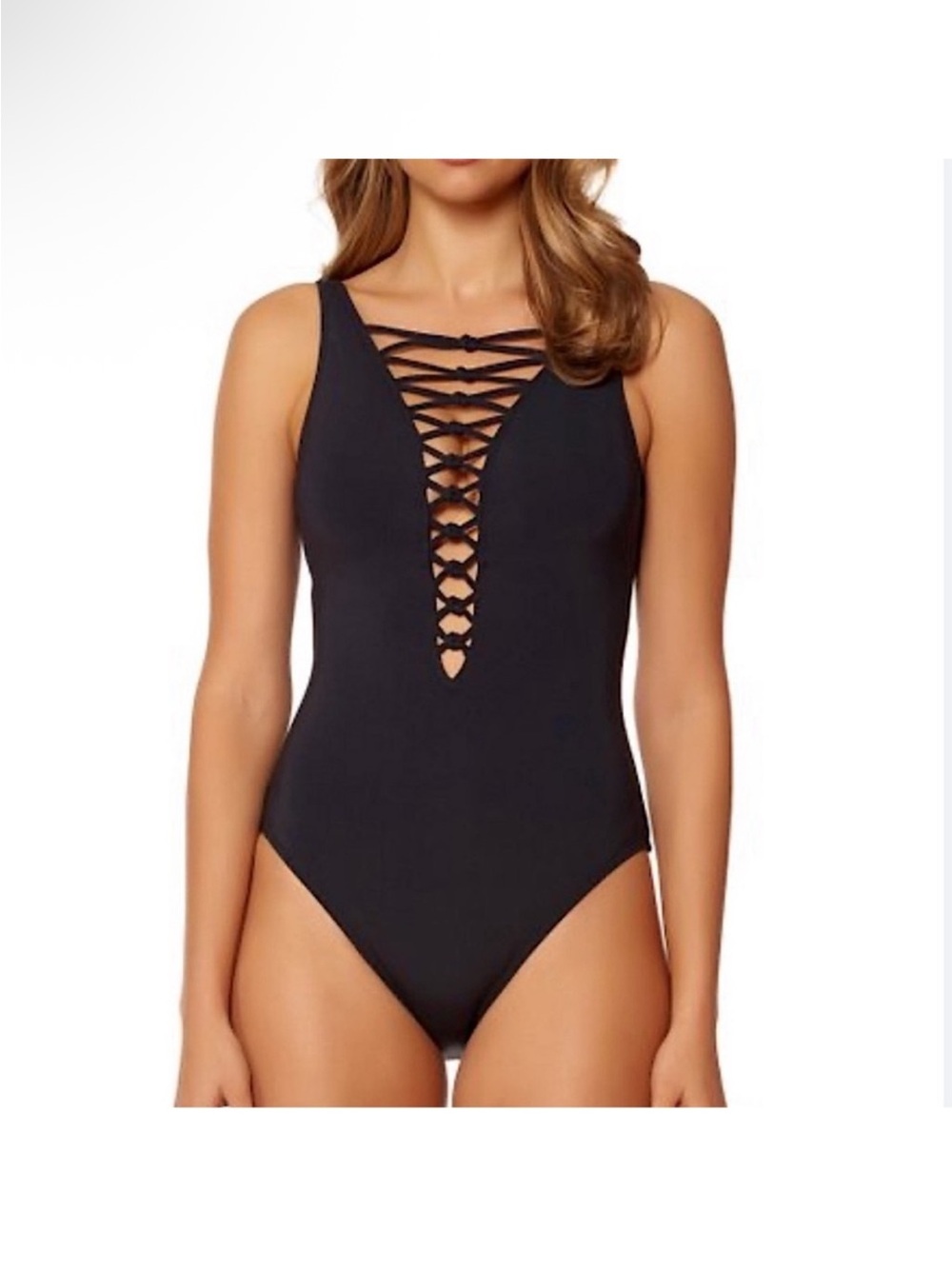 Bleu Rod Beattie Black Lace-Up Plunge One-Piece Swimsuit